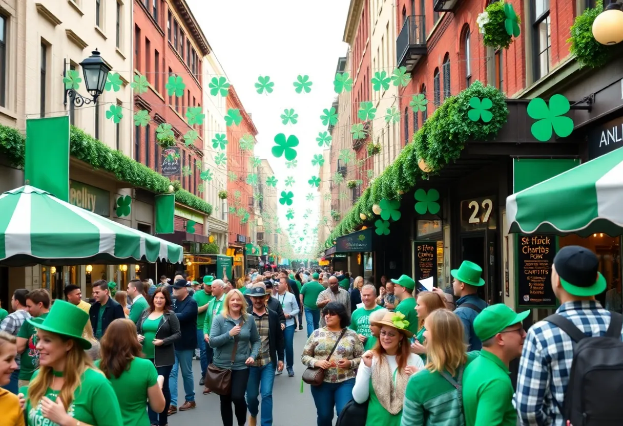 Festive St. Patrick's Day scene in Orlando with people enjoying music and food.