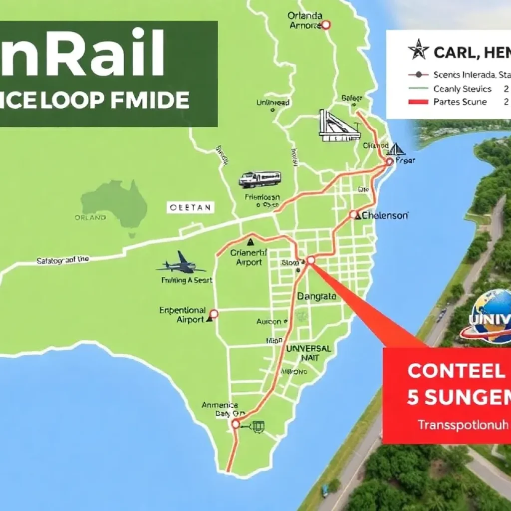 Map showing proposed SunRail extension routes and key landmarks in Osceola County