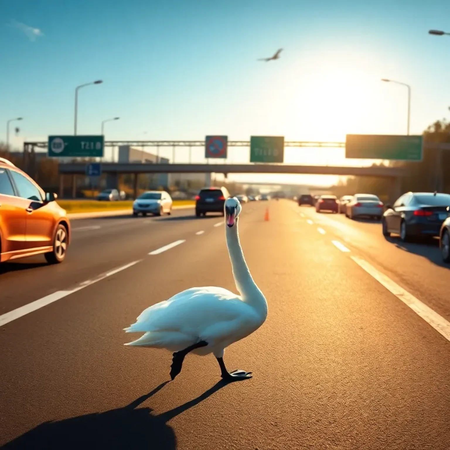 A swan walking on the expressway in Orlando