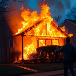 Teenager attempting to douse flames during a fire emergency