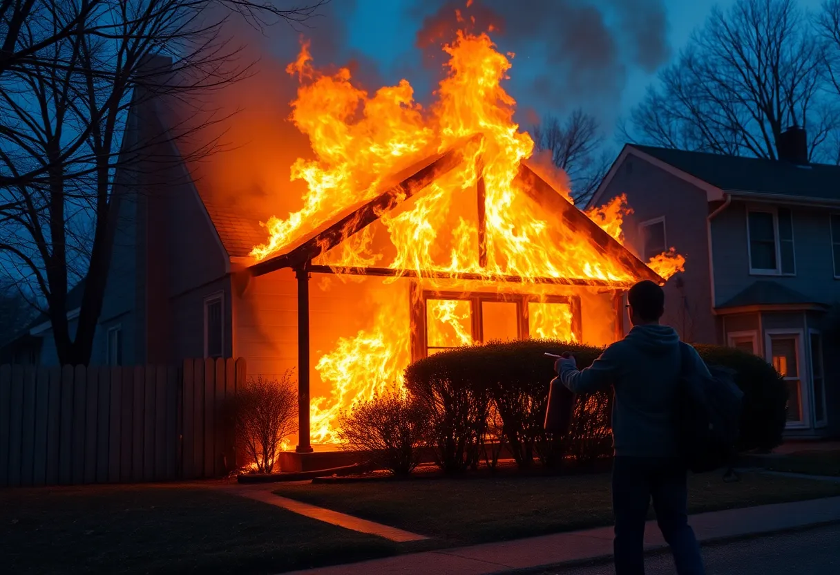 Teenager attempting to douse flames during a fire emergency