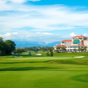 Scenic view of a luxurious casino golf course at sunset