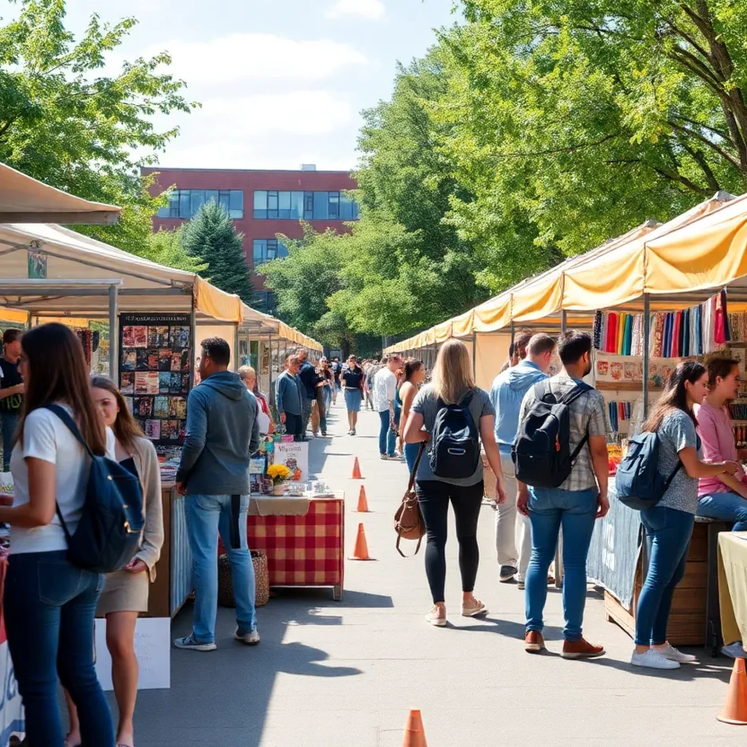 Students browsing colorful booths at UCF's student market day.