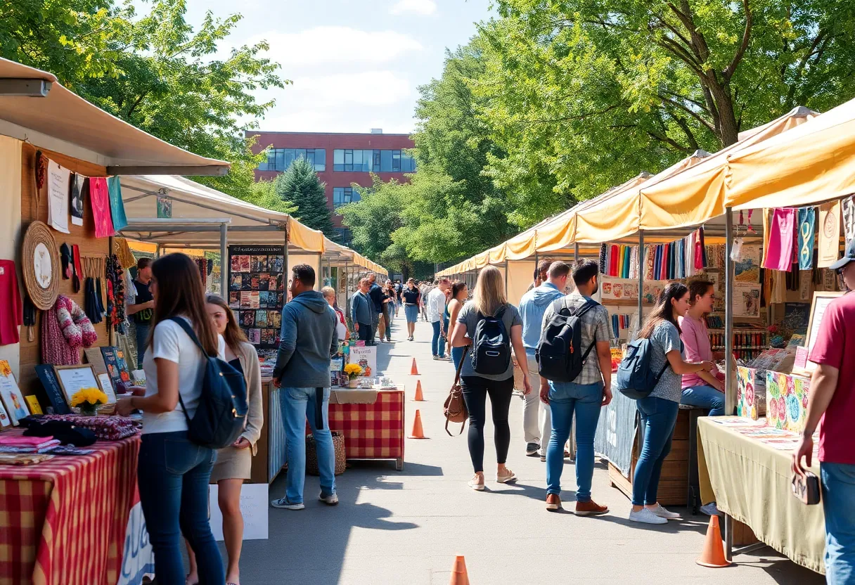 Students browsing colorful booths at UCF's student market day.