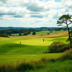 A scenic view of a golf course set in the UK, showcasing vibrant greenery and hills.