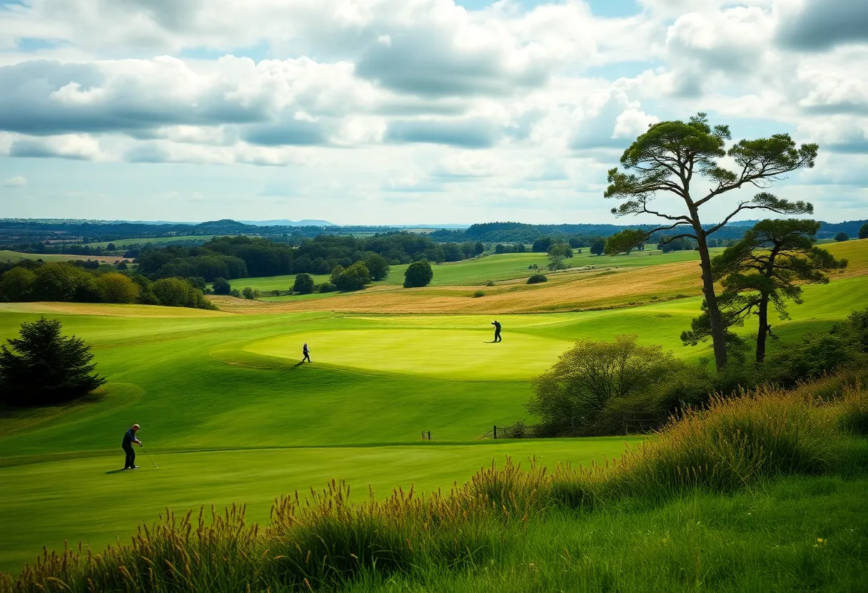 A scenic view of a golf course set in the UK, showcasing vibrant greenery and hills.