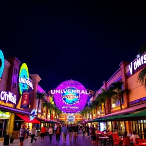 Night view of Universal CityWalk Orlando with colorful lights and crowded restaurants