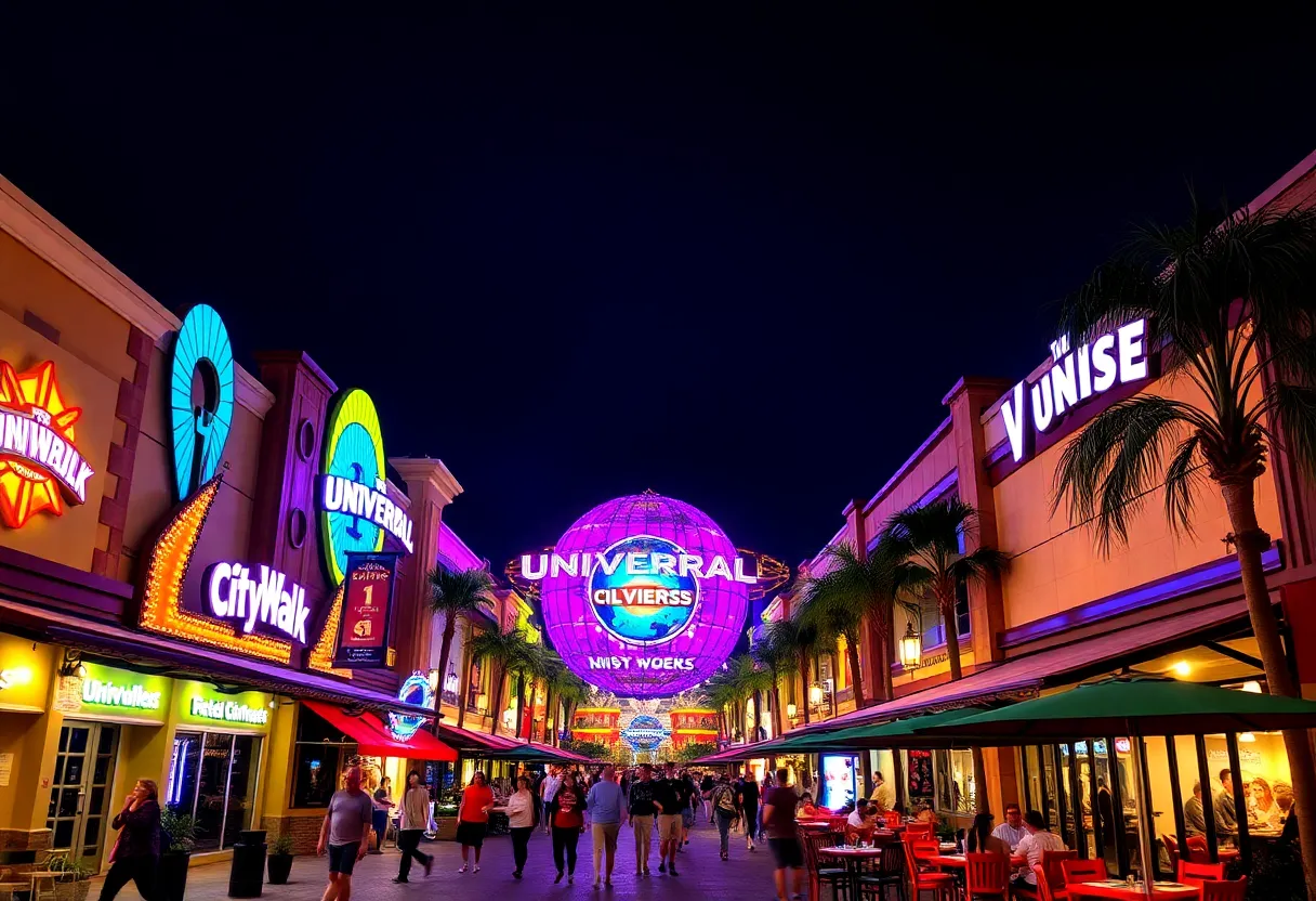 Night view of Universal CityWalk Orlando with colorful lights and crowded restaurants