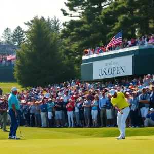 A vibrant golf course scene during the U.S. Open 2024 with players and flags