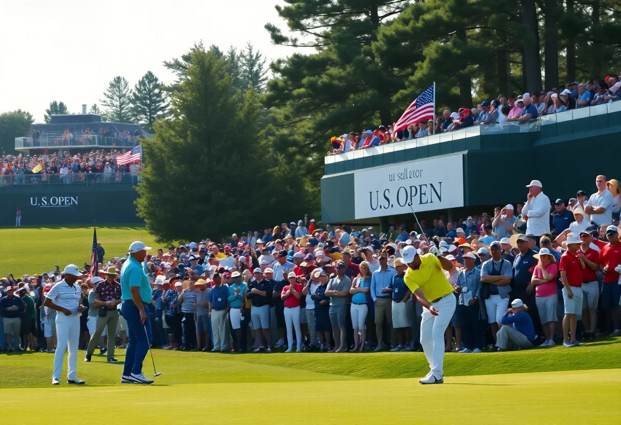 A vibrant golf course scene during the U.S. Open 2024 with players and flags