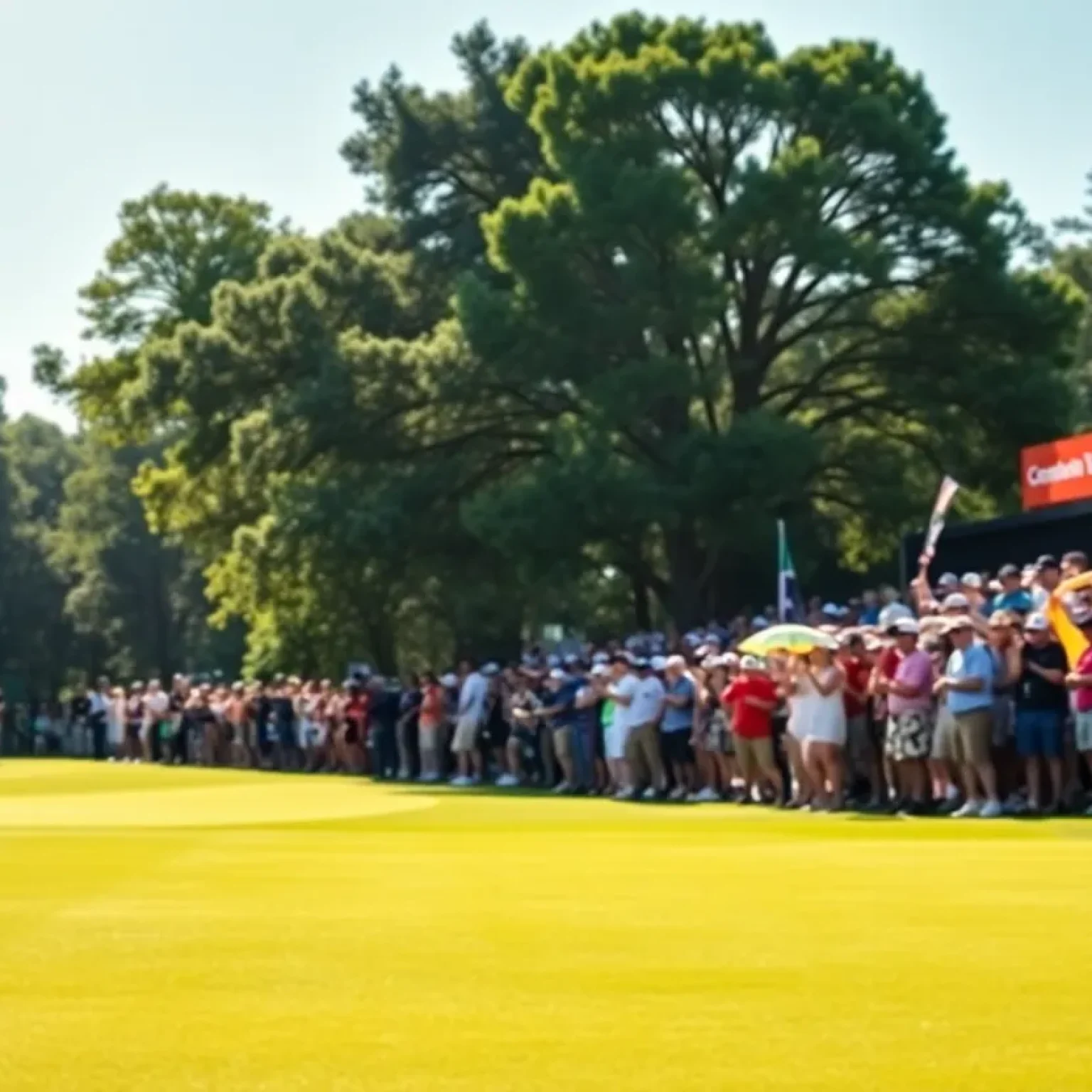 A picturesque view of a golf tournament featuring an enthusiastic crowd and greenery.