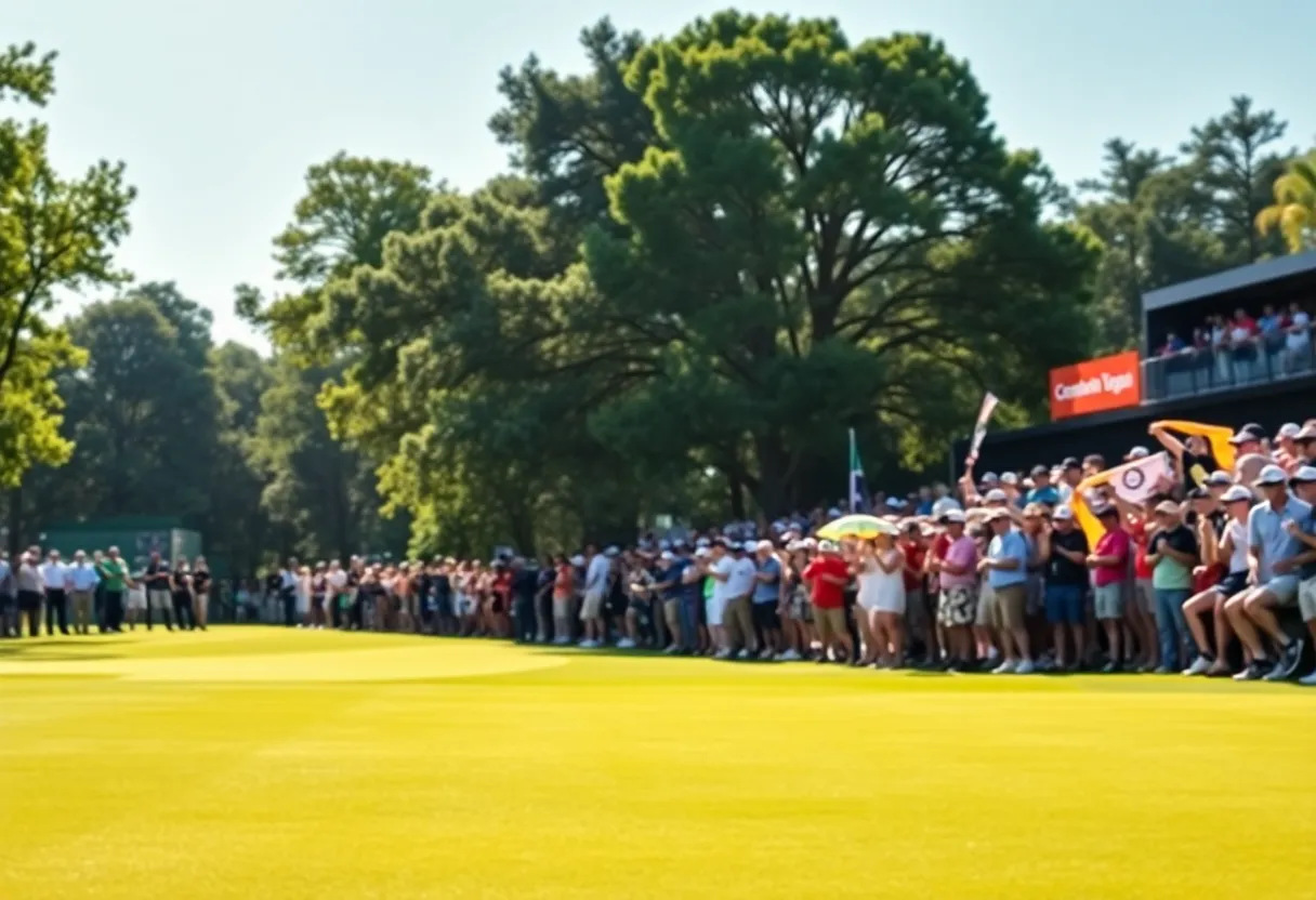 A picturesque view of a golf tournament featuring an enthusiastic crowd and greenery.