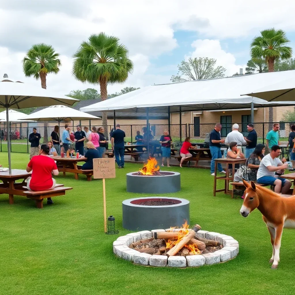 Outdoor area at Palmer's Feed and Seed featuring picnic tables and a baby donkey