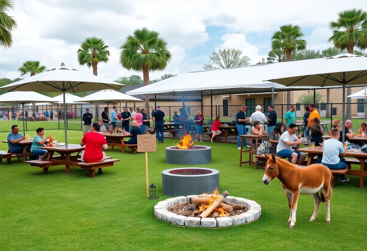 Outdoor area at Palmer's Feed and Seed featuring picnic tables and a baby donkey