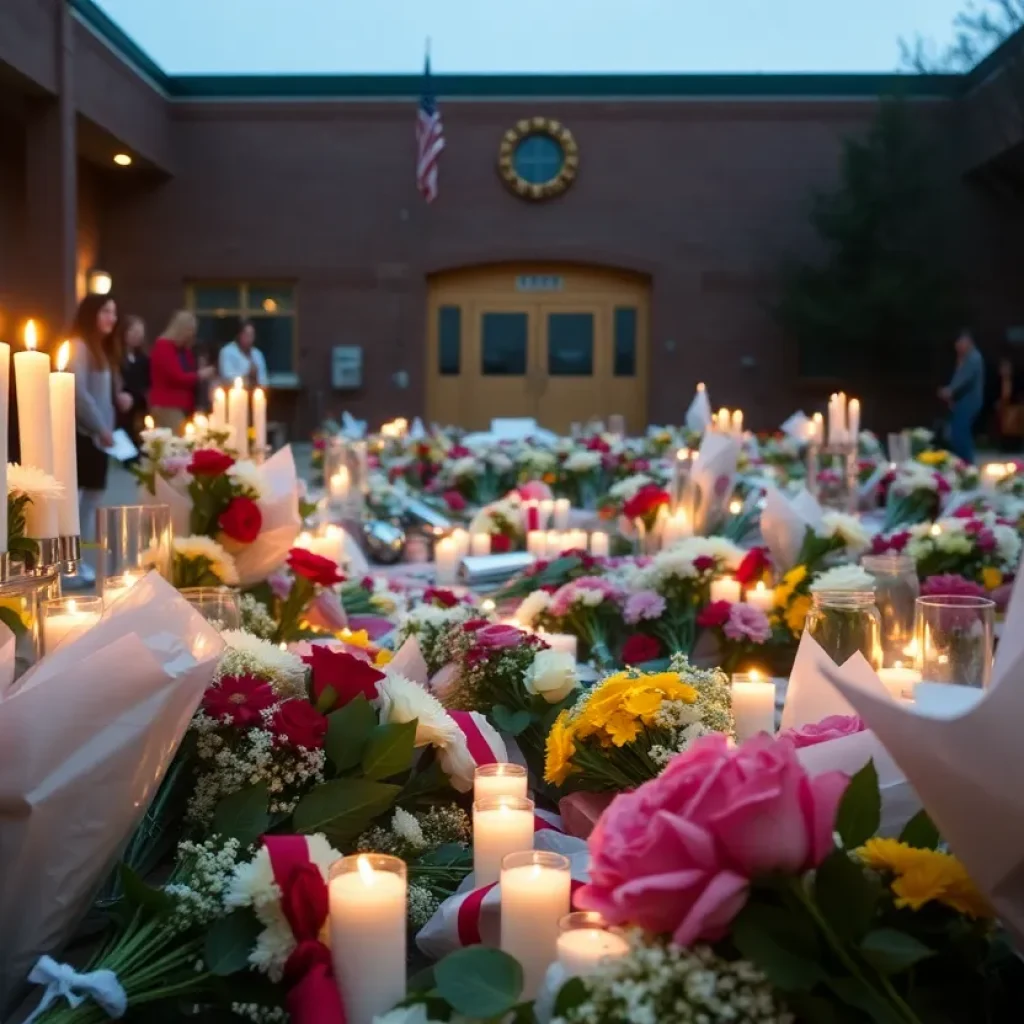 Memorial setup with flowers and candles in memory of a student at Windermere High School.