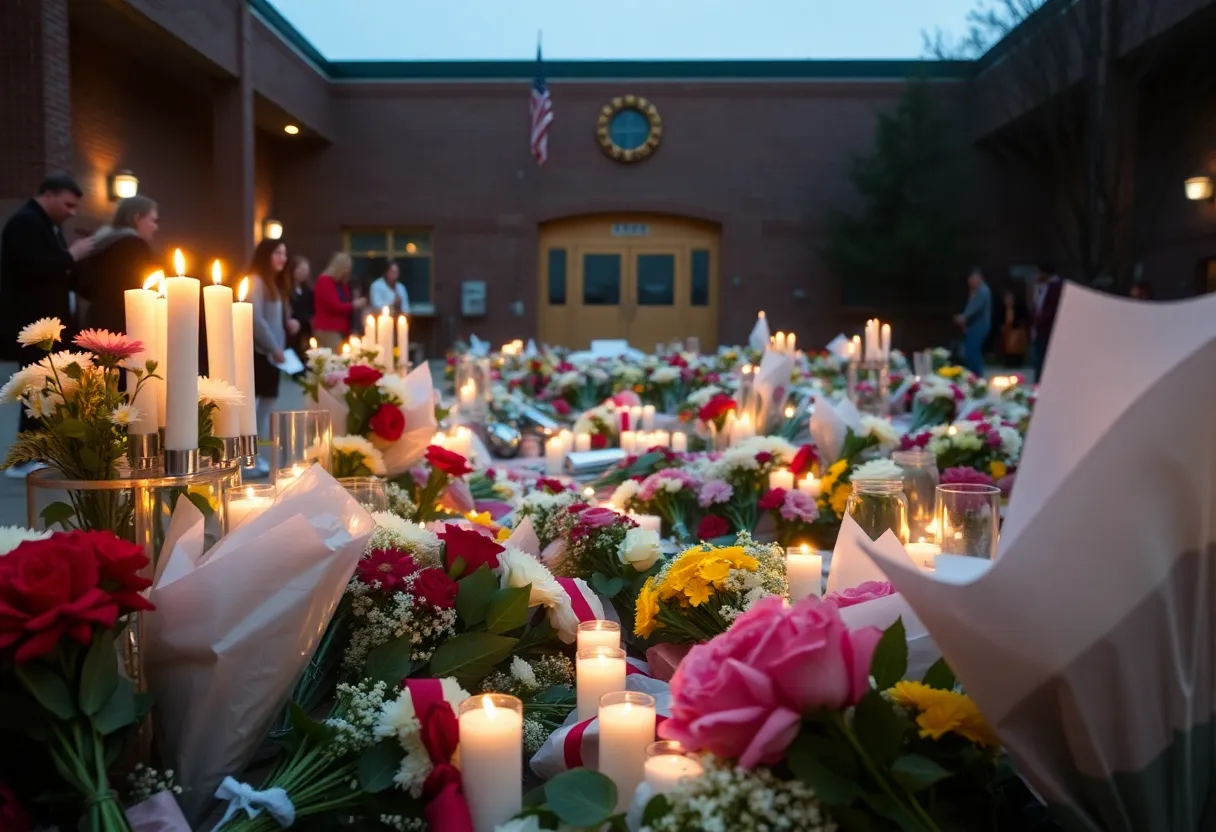 Memorial setup with flowers and candles in memory of a student at Windermere High School.