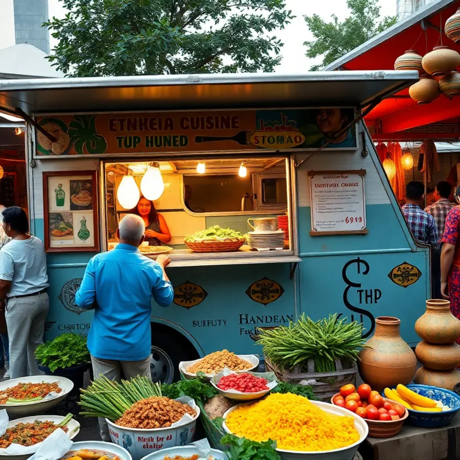 Colorful Yene Romay food truck serving Ethiopian dishes at Lake Eola Park