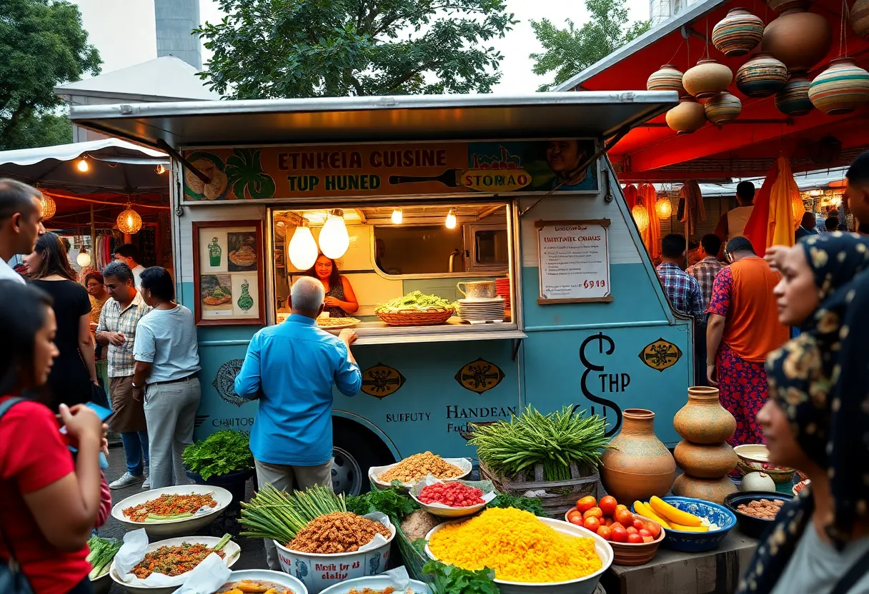 Colorful Yene Romay food truck serving Ethiopian dishes at Lake Eola Park